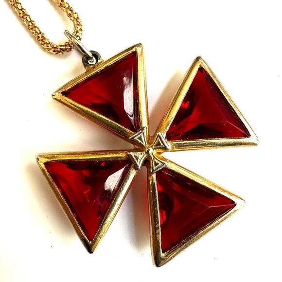 Maltese  red and gold tone Cross pendant necklace - Picture 11 of 11
